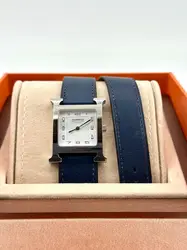 montre hermès l'heure h moyen modèle bracelet double tour en cuir bleu marine