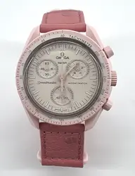 montre swatch x omega bioceramic mission to venus mouvement à quartz bracelet en cuir rose effet autruche