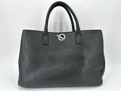 sac à main cabas lamarthe en cuir grainé noir fermoir tournant argenté