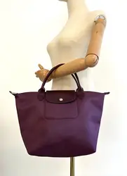 sac à main longchamp le pliage one m en toile et cuir violet