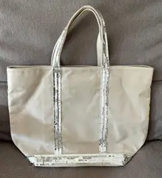 sac cabas vanessa bruno en toile de coton grège et sequins argentés taille m